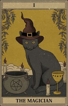 a black cat wearing a witches hat sitting in front of a pot with a candle