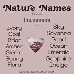 the names of nature names on a pink background with trees and clouds in the shape of a heart