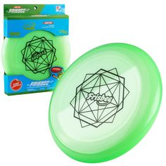 the frisbee is green and has an image of a geometric design on it