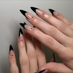 Black french with dots ☕️ #black #nails Black French Halloween Nails, Goth French Tip, Almond Black Nails Design, Goth French Tip Nails, Almond Black French Tip Nails, Simple Dark Nails, Alt Nails Acrylics, Black French Tip Nails, Black French Nails