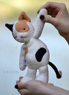 a person holding a small stuffed animal in their hand with the caption calico kitten doll