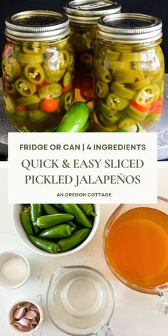 pickled jalapenos in mason jars with text overlay that reads, frode or can i ingredients quick and easy sliced pickled jalapenos