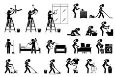 black and white silhouettes of people doing different things in the house, including cleaning