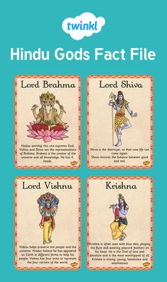 four hindu cards with the words hindu gods fact file in different languages, including lord vahan