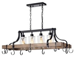 a light fixture with three lights hanging from it's center and two glasses on the bottom