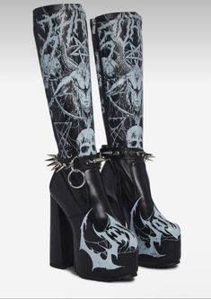 Goth Platform Heels, Shoes Decoration Ideas, Emo Heels, Dollskill Platforms, Widow Clothing, Baphomet Skull, Gothic Heels, Strange Shoes, Emo Shoes