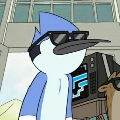 an animated image of a penguin wearing sunglasses and standing next to a dog in front of a building