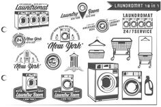 laundry symbols and labels for laundry products in vintage style, black and white illustration on white background