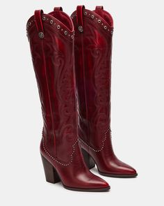 LASSO Red Leather Western Boot | Women's Boots – Steve Madden Designer Cowboy Boots, Burgundy Cowboy Boots, 70s Cowboy Boots, Cowgirl Boots Aesthetic, Red Womens Shoes, Western Boot Outfit, Cowboy Vibes, Red Cowgirl Boots, Blue Banisters