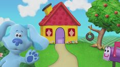 a blue dog is standing in front of a house and mailbox with an apple tree