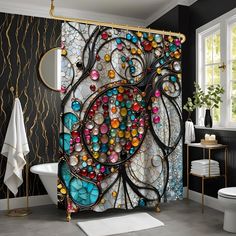 the shower curtain is decorated with colorful glass beads and gold trimmings, along with a white rug