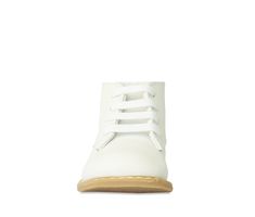 Give your toddler a cute vintage look with the Baby Deer Lee classic white walking booties in premium leather. The high-top design has soft leather linings and flexible soles with a 1/2 inch heel height. These traditional white lace-up baby boots provide a snug, adjustable fit with great ankle support for your little one’s first steps. Boys and Girls alike will be ready to play all day in the Baby Deer LEE white leather shoes for toddlers. Smooth premium Leather upper, Lace-up closure for a cust Shoes For Toddlers, Deer Girl, Lee White, White Leather Shoes, Play All Day, Baby Boots, Baby Deer, Ankle Support, Ready To Play