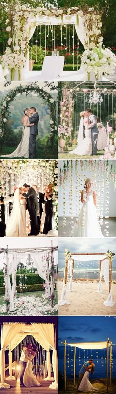 wedding photos taken from different locations in the day and night, including an outdoor ceremony