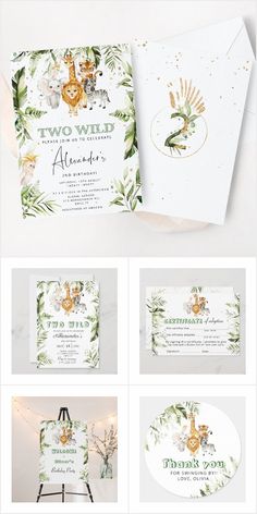 the wedding stationery is set up with greenery and gold accents