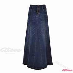 Qteee - High-Waisted Denim Skirt with Pockets, Loose Fit, Button Closure, and Knee-Length Design Burgundy Skirts, Long Skirt Winter, Denim Button Skirt, Long Jean Skirt, Moda Denim, High Waisted Denim Skirt, Long Denim Skirt, Striped Maxi Skirts, Sweater Outfit