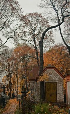 an old cemetery in the fall with leaves on the ground and trees all around it