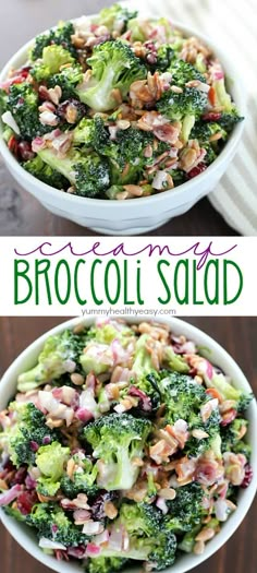 broccoli salad in a white bowl on top of a wooden table