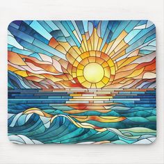 a stained glass sun over the ocean mouse pad