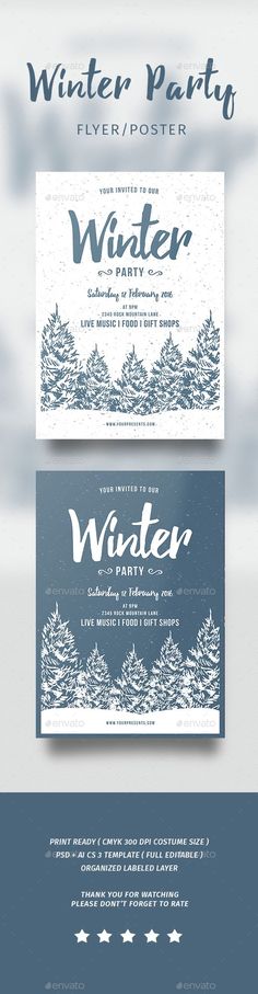 three different banners for winter party with snow and trees in the background, all on one side