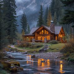 a log cabin sits on the edge of a stream