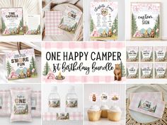 one happy camper 1st birthday bundle with cupcakes, cookies and other items