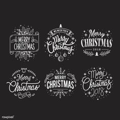 six merry christmas signs with hand lettering and ornaments on black background, set of four