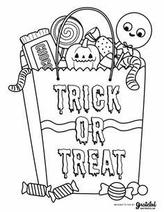 a trick or treat bag with candy and candies on the side, in black and white