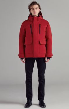 red Red Functional Winter Outerwear, Red Techwear Outerwear For Winter, Functional Winter Parka With Multiple Pockets, Winter Nylon Outerwear With Functional Pockets, Winter Parka With Functional Pockets, Fall Parka With Functional Pockets, Functional Fall Parka With Pockets, Red Winter Jacket, Winter Coats For Men