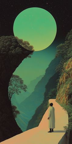 a man standing on top of a cliff under a green moon