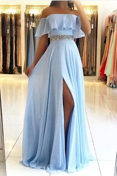 LS0126,blue off the shoulder strapless prom dress,chiffon slit-skirt beaded evening dress on Storenvy Sky Blue Prom Dress, Dress School, Off Shoulder Evening Dress, Cheap Prom Dresses Long, Trendy Prom Dresses, Blue Evening Dresses, School Dance, Chiffon Evening Dresses, Winter Formal