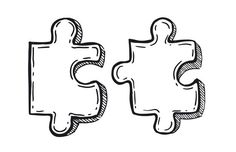 two pieces of the same puzzle piece drawn in chalk on a white background stock illustration