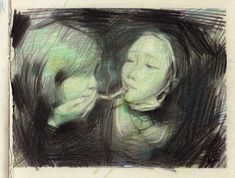 a drawing of two people with their eyes closed and one person holding the other's head