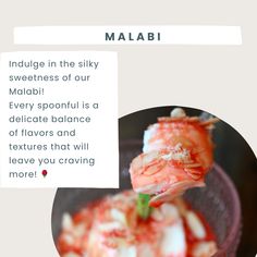 an image of food in a bowl with the words malabi above it and below it