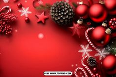 a red christmas background with ornaments and candy canes