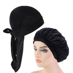 Black Velvet Durag And Wide Band Bonnet Set - Taelor Boutique Yolo Aesthetic, Velvet Durag, Sleeping Hat, Match Velvet, Doo Rag, Bonnet Cap, Velvet Set, Type 4 Hair, Chemo Hat