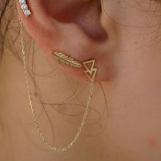 18k Solid Yellow Gold Open three tubes Ear Cuff and Two open triangles Chained Post Earrings Trendy Triangular Gold Jewelry, Trendy Triangle-shaped Gold Jewelry, Trendy Triangle Gold Jewelry, Trendy Gold Triangle Jewelry, Gold Sterling Silver Ear Cuff For Party, Mens Silver Jewelry, Crawlers Earrings, Fine Gold Jewelry, Baby Earrings