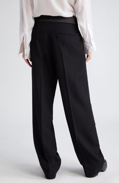 A cummerbund-inspired satin waistband hits a fun and formal note for pleated pants cut from pure wool. 30 1/2" inseam; 20" leg opening; 14" front rise; 16 1/2" back rise (size 42IT) Zip fly with hook-and-bar closure Front slant pockets; back welt pockets 100% wool with 100% polyester contrast Dry clean Imported Designer Clothing Formal Black Pants With Belt Loops, Black Formal Bottoms With Belt Loops, Formal Black Bottoms With Belt Loops, Elegant Semi-formal Dress Pants With Concealed Fly, Elegant High-waisted Formal Dress Pants, Elegant Formal High-waisted Bottoms, Formal Wide-leg Bottoms With Belt Loops, Formal Wide Leg Pants With Welt Pockets, Formal Wide Leg Dress Pants With Concealed Placket