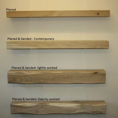 four different types of wood are displayed on the wall