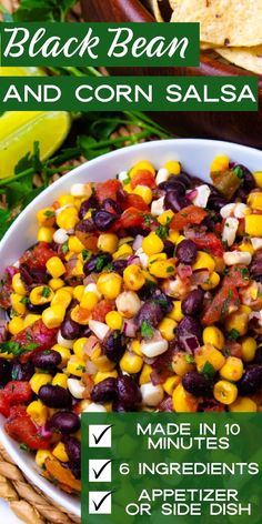 black bean and corn salsa in a white bowl