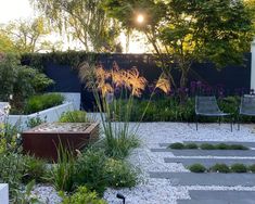 an outdoor garden with gravel, rocks and plants in the foreground is lit by the setting sun