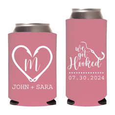 two pink can coolers, one with a heart and the other with a name on it