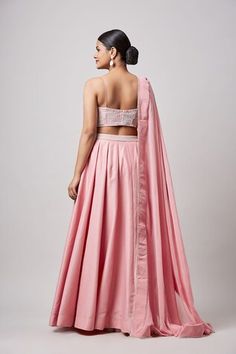 Pink 16 kalis solid lehenga with hand embroidered waistline. Paired with a geometric pattern pearl hand embroidered bustier and a pearl hem dupatta. - Aza Fashions Fitted Sleeveless Anarkali Set For Reception, Fitted Sleeveless Anarkali Set For Wedding, Fitted Sleeveless Lehenga With Sheer Dupatta, Solid Lehenga, Embroidered Bustier, Geometric Solids, Set Women, Aza Fashion, Lehenga