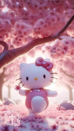 a hello kitty doll standing in the middle of a forest with pink flowers on it