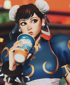 an animated character is holding a drink in her hand