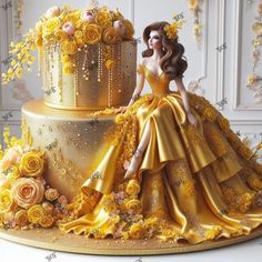 there is a cake decorated with flowers and a woman in a yellow dress sitting on top