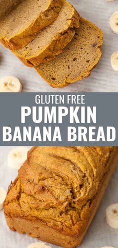 gluten free pumpkin banana bread is cut into slices and placed on a white surface