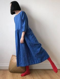 French blue linen dress, Spring Summer Autumn Winter hemp dress, Ready to ship, Oversized drop shoulder basic smock dress White Linen Dress Summer, Hemp Dress, Blue Linen Dress, Spring Summer Autumn Winter, Long Blue Dress, Linen Fashion, Japanese Dress, Summer Linen Dresses, Dress Spring