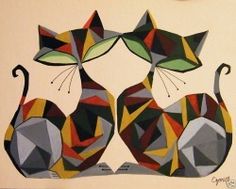 a painting of two cats sitting next to each other