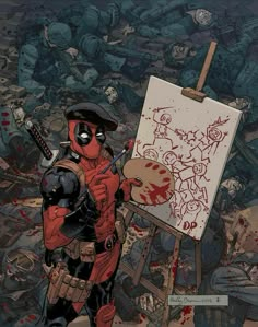 deadpool is holding a paintbrush in front of an easel with blood all over it