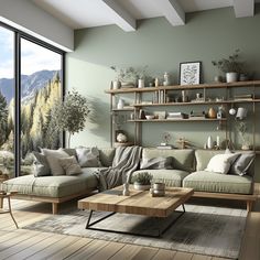 a living room filled with furniture and a large window next to a wooden floor covered in plants